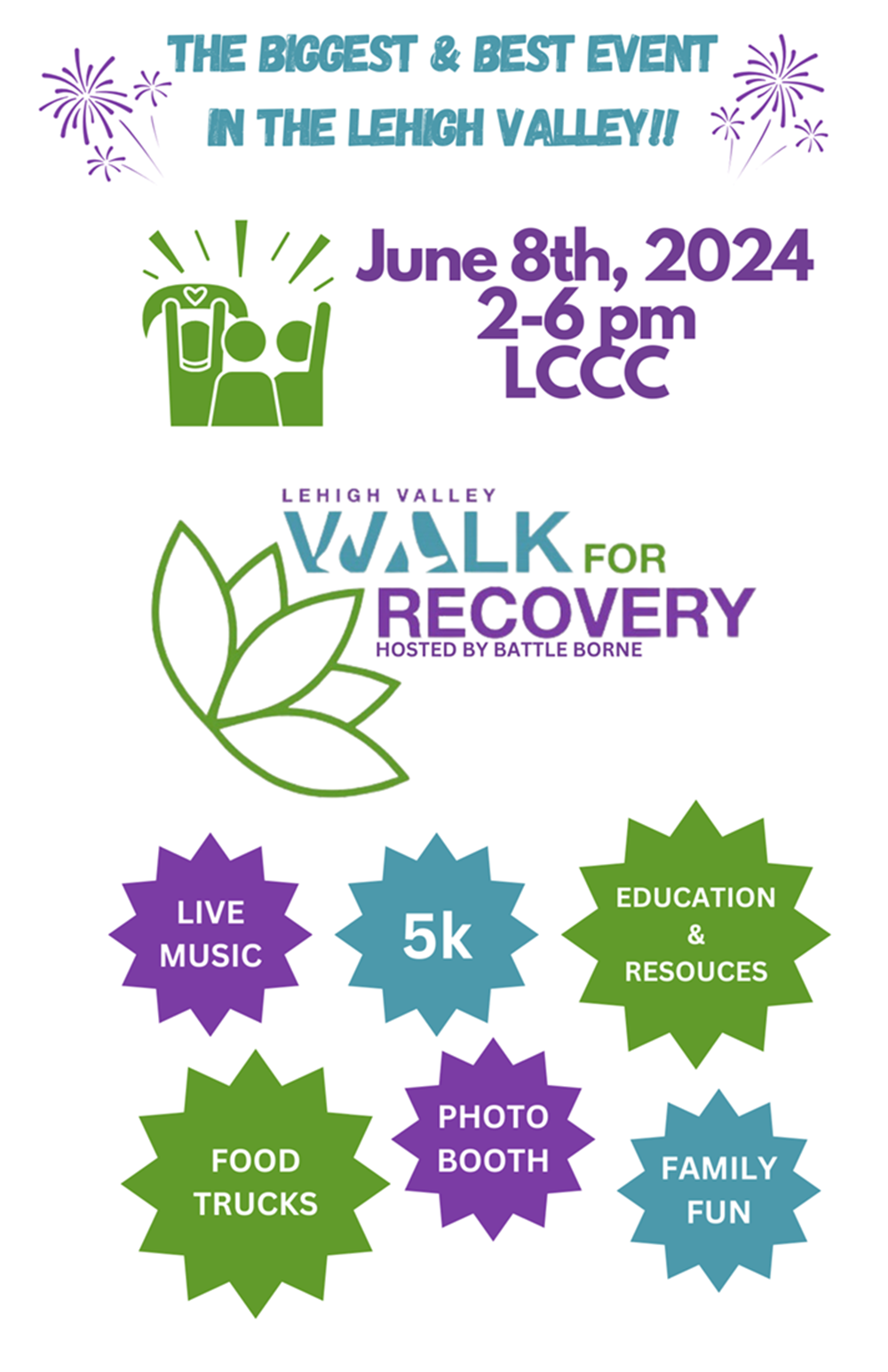 Lehigh Valley Walk for Recovery, hosted by Battle Borne. june 8th 2024 from 2-6pm